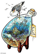 ship in a bottle in a miniature ocean world seagull sitting on top