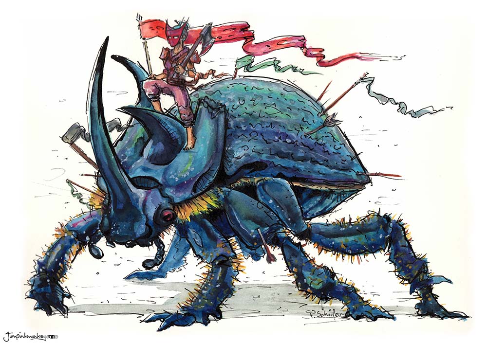A woman riding a beetle into battle with a red flag
