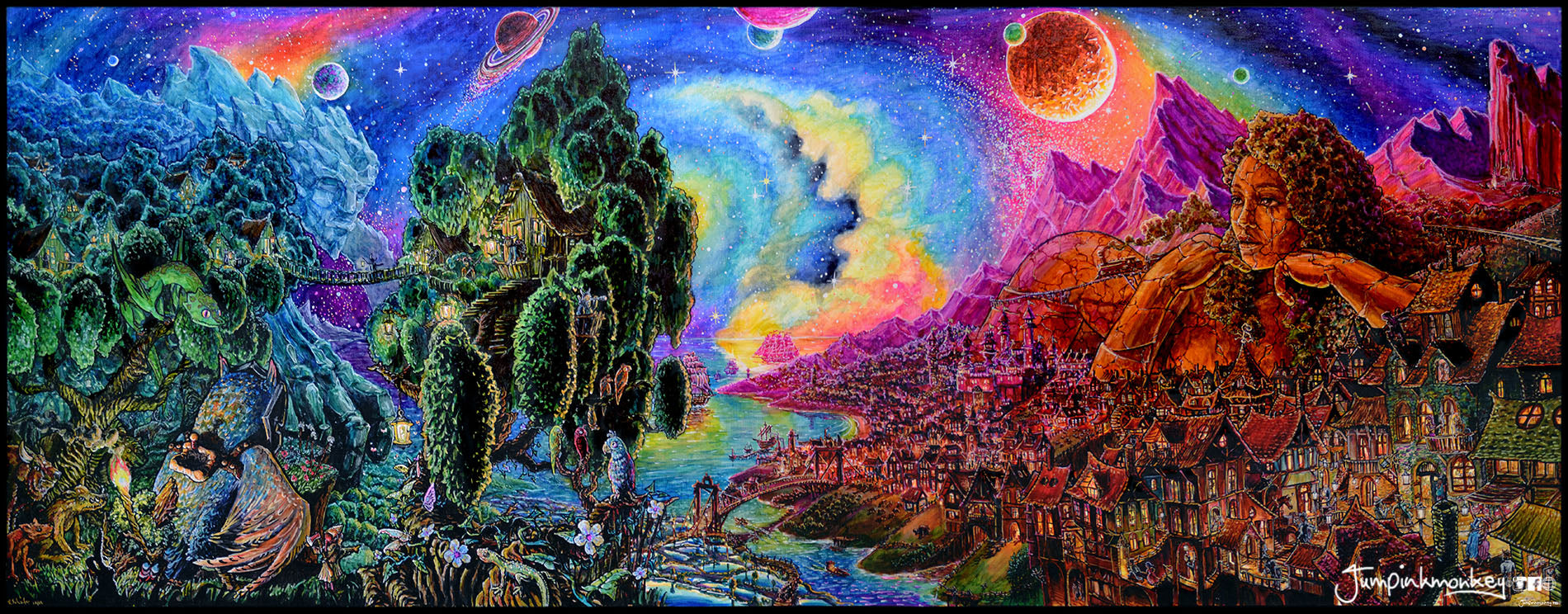 Colorful fantasy world with giants and magic creatures.