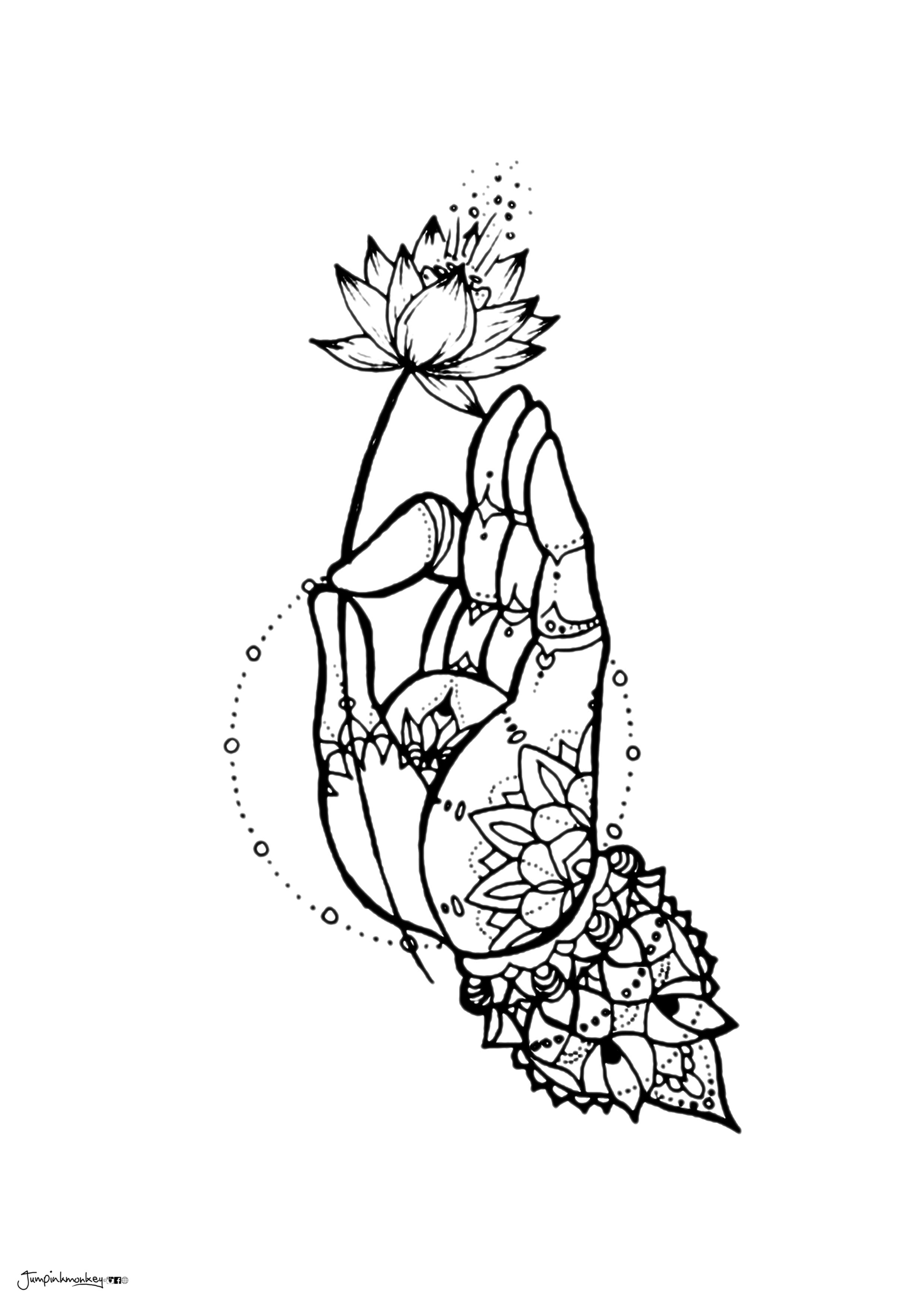 Chin mudra sketch hand holding flower spiritual