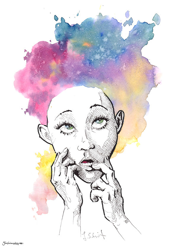 woman thinking with colorful watercolor splash hair